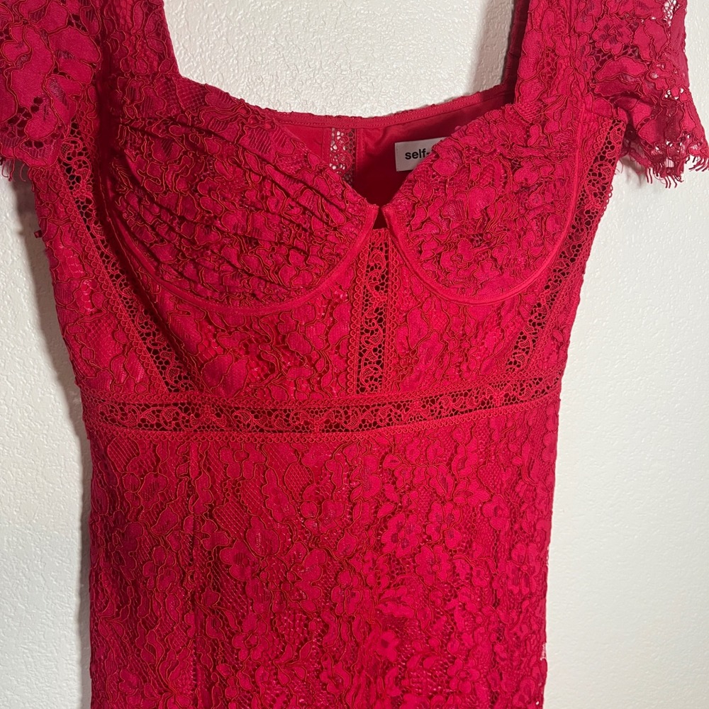 Self-Portrait Red Floral Cord Lace Bustier Midi Dress Cap Sleeve Sweetheart Sz 8 - Picture 8 of 16